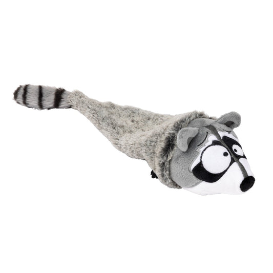 FuzzYard Run Along Raccoon dog toy, a long, stuffing-free plush toy with a gray body and striped tail.
