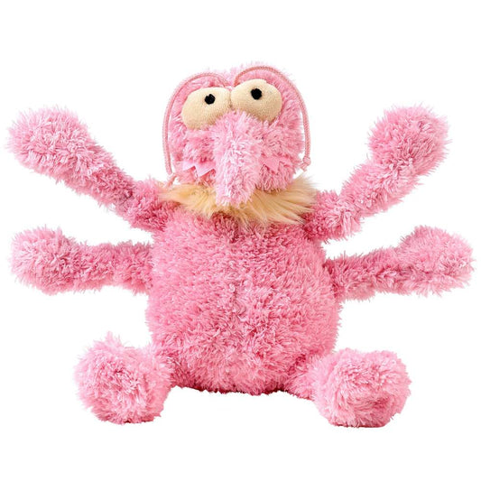 Pink FuzzYard Scratchette The Flea plush dog toy with six fuzzy legs, large eyes, and a yellow neck ruff.