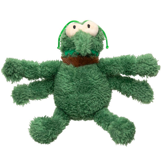 FuzzYard Scratchy The Flea plush dog toy, a fluffy green monster with big eyes and brown collar.