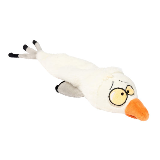 FuzzYard See-ya Seagull dog toy: white plush, stuffing-free, long body, orange beak, black feet.