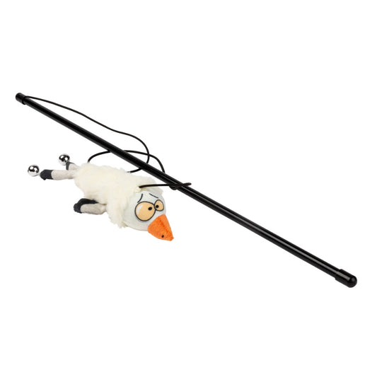 FuzzYard See-ya Seagull cat toy, a white plush seagull with an orange beak, attached to a black stick.