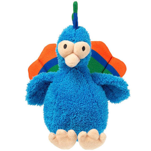 FuzzYard Showboat The Peacock plush dog toy, vibrant blue with orange and green wings, squeaker inside.