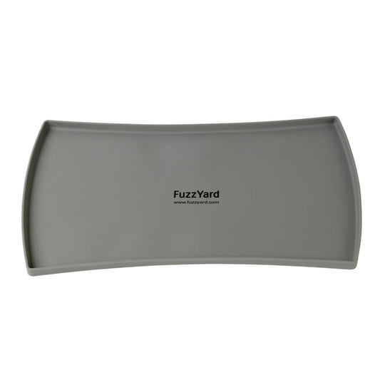 Grey FuzzYard silicon feeding mat with raised edges, 50cm x 28cm, for pet bowls.