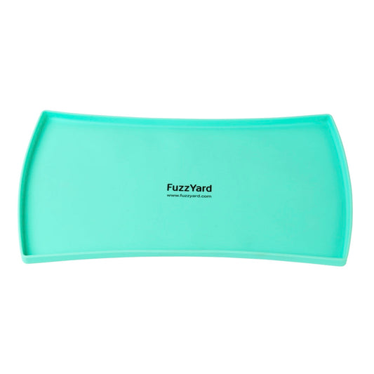 Teal FuzzYard silicone feeding mat with raised rims, 50cm x 28cm, for pet bowls.
