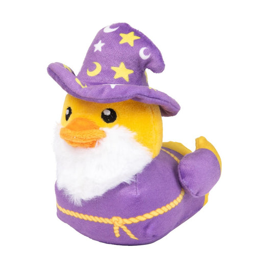 Yellow duck dog toy in a purple wizard hat with stars and moon, white beard, and purple robe.