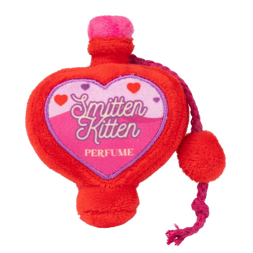 Red plush heart-shaped cat toy with "Smitten Kitten Perfume" text, pink top, and braided rope.