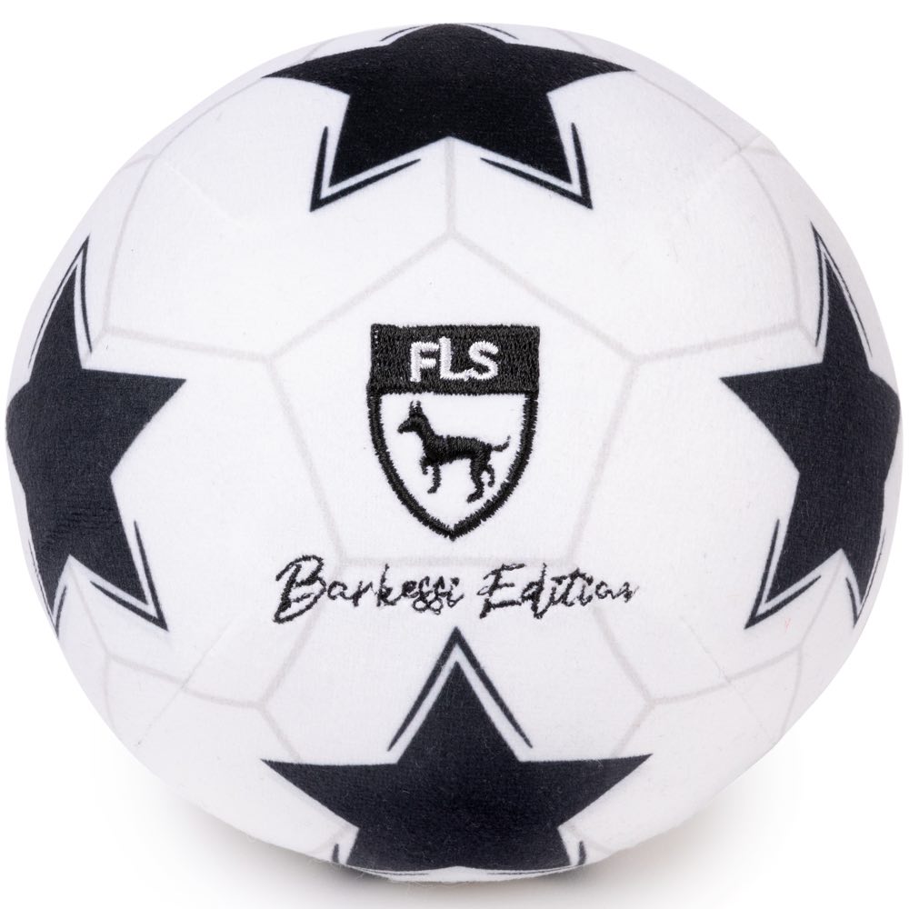 FuzzYard plush white soccer ball dog toy with black stars and "FLS Barkessi Edition" logo.