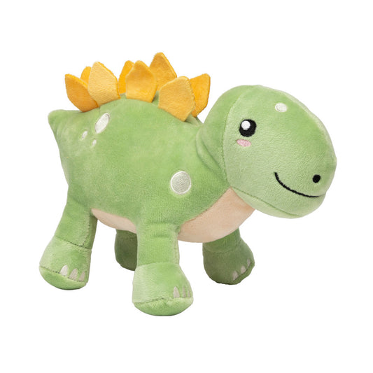 Green plush Stegosaurus dog toy with yellow back plates, white spots, and a friendly face.