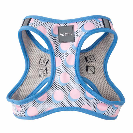 FuzzYard Step-in Dog Harness in Dippin' print, featuring pink and blue polka dots on a white background with blue trim and grey mesh.
