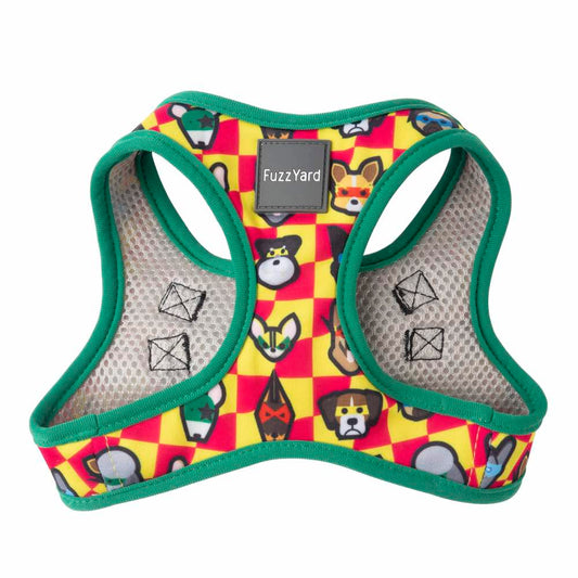 FuzzYard Doggoforce step-in dog harness with red and yellow checkered print and cartoon superhero dogs.