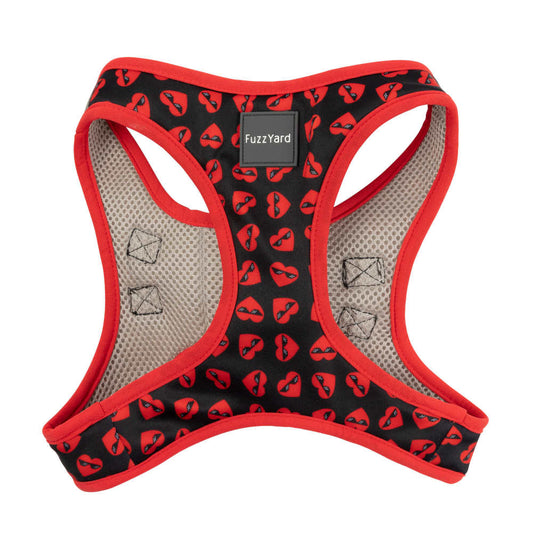 FuzzYard Step-In Dog Harness in "Heart Breaker" design, featuring red hearts with sunglasses on black polyester with red trim and mesh lining.