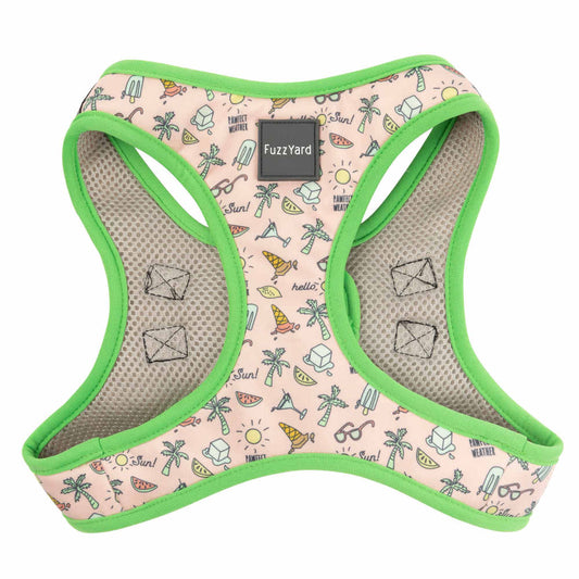 FuzzYard Step-In Dog Harness in Hello Sun design, pink with green trim, summer icons, and mesh lining.