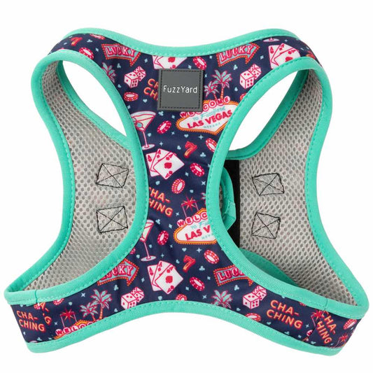 FuzzYard Step-In Dog Harness in Jackpup design: navy with Las Vegas theme, green trim, and mesh lining.