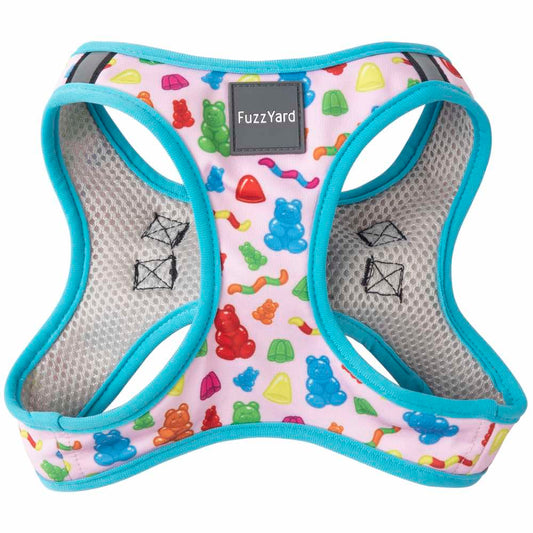 FuzzYard Step-in Dog Harness in pink with colorful jelly bears and worms print, blue trim, and mesh.