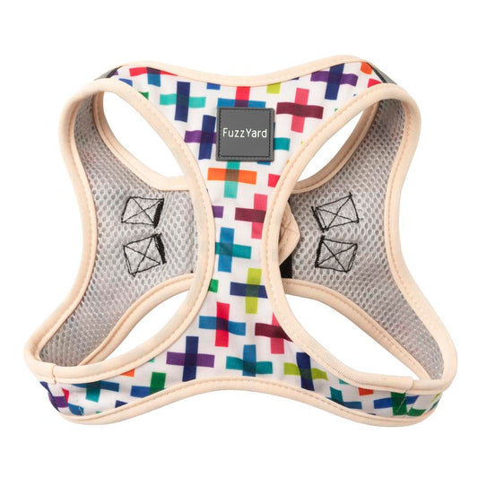 FuzzYard Step-in Dog Harness (Jenga) with colorful geometric cross pattern and breathable mesh.