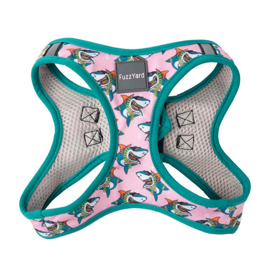 Pink FuzzYard Step-in Dog Harness with "LL Cool Jaw$" shark print, teal trim, and mesh lining.