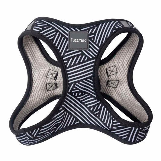 FuzzYard Step-in Dog Harness in Northcote print: black and white geometric stripes with mesh lining.