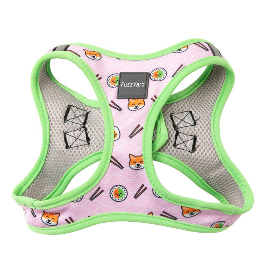 Pink FuzzYard Step-in Dog Harness with Sushiba print, green trim, and breathable mesh.