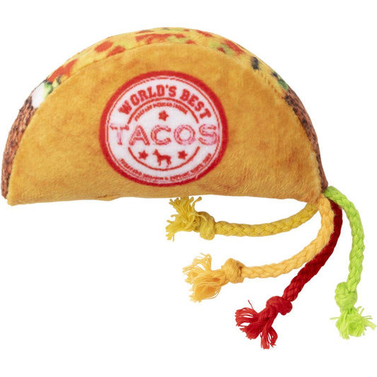FuzzYard Taco plush cat toy with "World's Best Tacos" stamp and braided red, yellow, green strings.