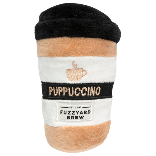 FuzzYard Take Away Coffee "Puppuccino" plush dog toy, 15cm, with black lid and brown cup.