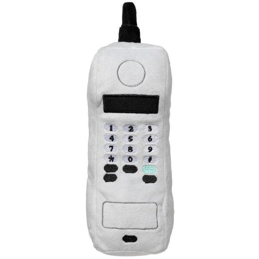 White plush "The Brick" retro phone dog toy with black antenna, screen, and keypad details.