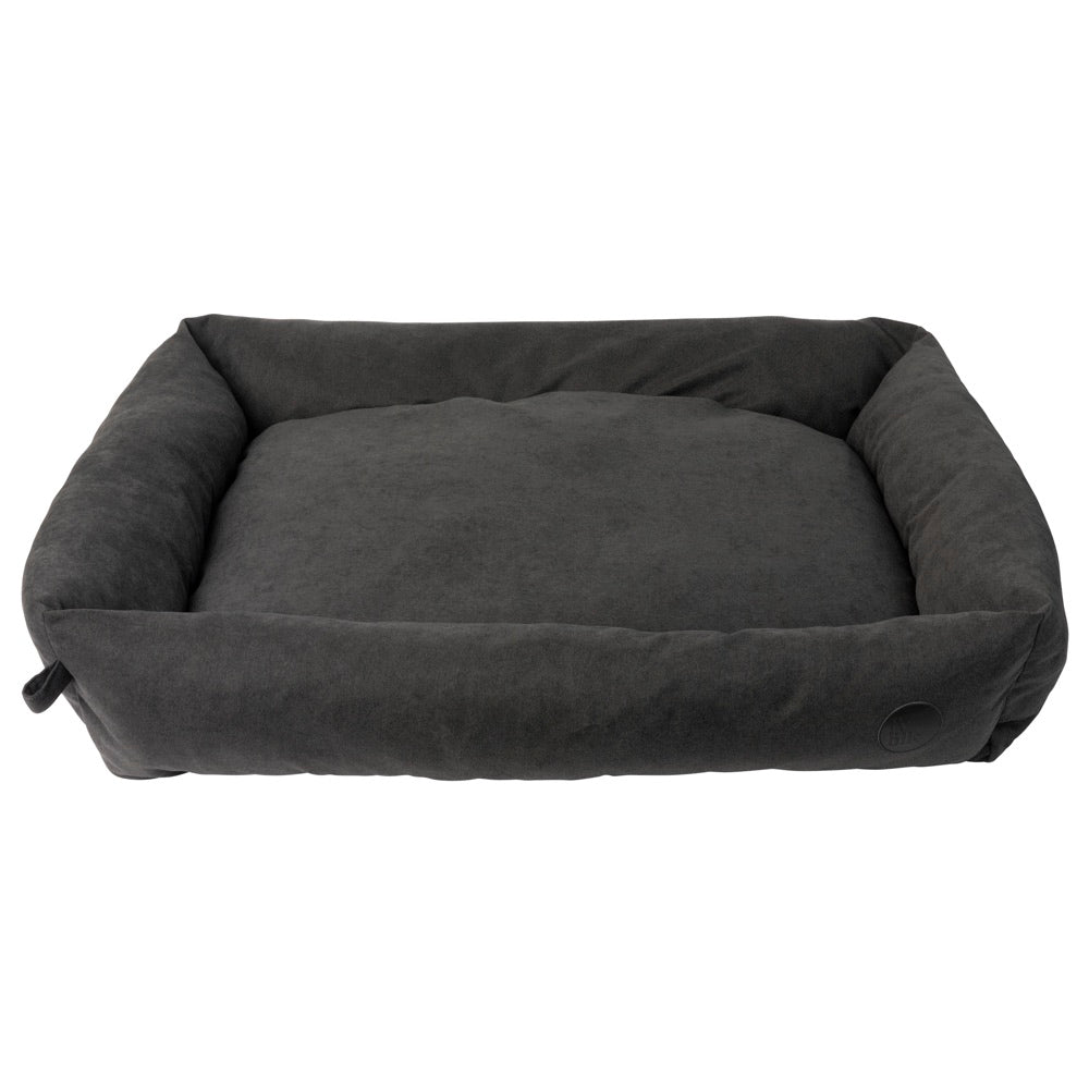FuzzYard The Lounge Dog Bed in charcoal, a minimalistic dark grey polyester bed with plush cushions.