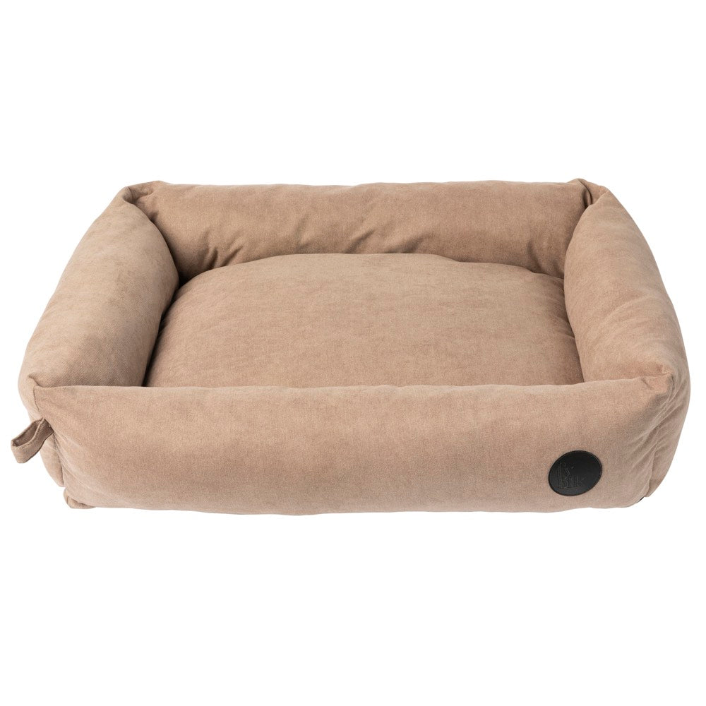 FuzzYard The Lounge Dog Bed in Mocha, a rectangular, plush, earth-toned polyester bed with high sides.