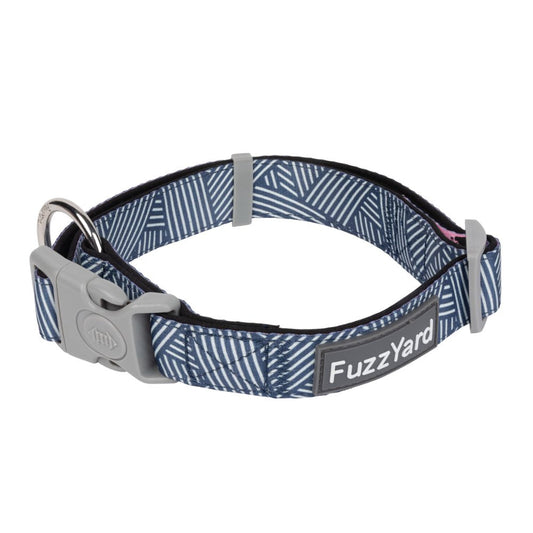 FuzzYard Thornbury Aegean Blue dog collar with white crosswork pattern, grey buckle, and FuzzYard logo.