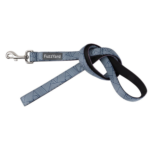 FuzzYard Thornbury Aegean Blue dog lead with white crosswork pattern, neoprene material, and 360° rotating clasp.