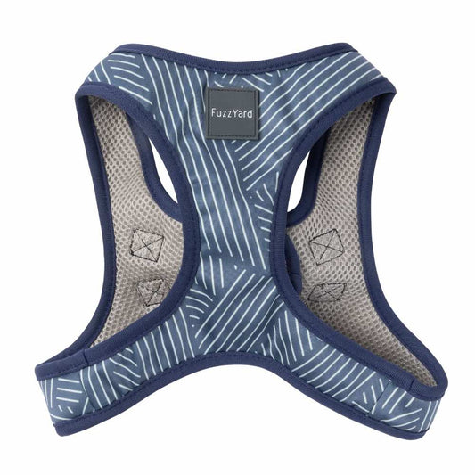 FuzzYard Thornbury Aegean Blue step-in dog harness with white crosswork pattern and mesh lining.