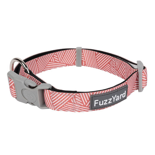 FuzzYard Thornbury Brick Red dog collar with a textured crosswork pattern, grey buckle, and stainless steel ring.