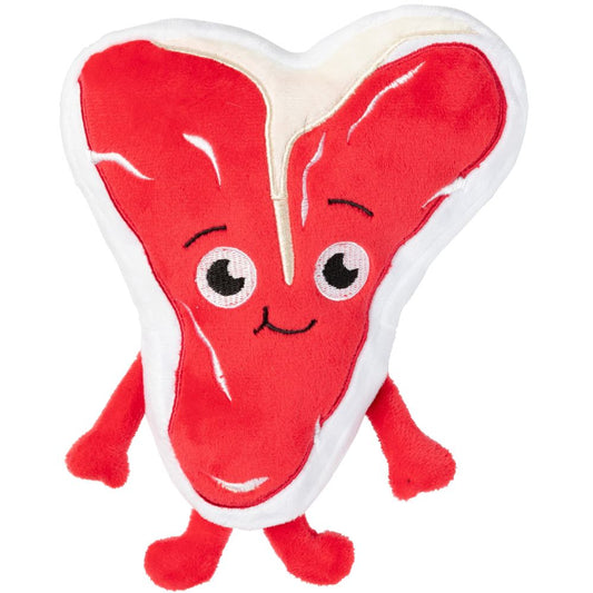 FuzzYard Tim Tee-Bowne plush T-bone steak dog toy, red and white with a happy embroidered face.