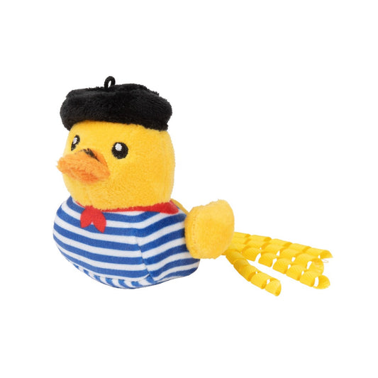 Yellow plush duck cat toy with black beret, red scarf, blue and white striped shirt, and yellow ribbon tail.
