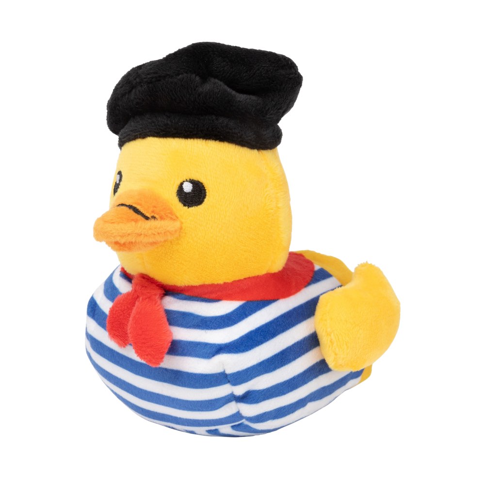 Yellow plush duck dog toy wearing a black beret, red scarf, and blue and white striped shirt.