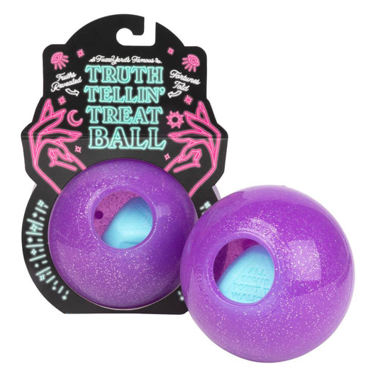 FuzzYard Truth Tellin' purple glitter treat ball dog toy with a light blue interior, shown in packaging and loose.
