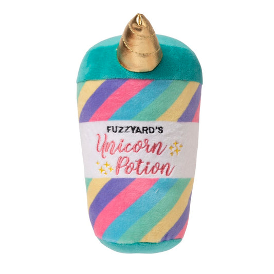 FuzzYard Unicorn Potion plush dog toy, turquoise, pink, yellow, purple striped with gold horn.
