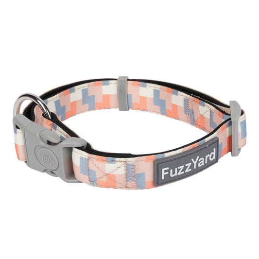FuzzYard Yazd dog collar: pastel geometric neoprene with gray buckle and stainless steel ring.