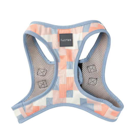 FuzzYard Yazd step-in dog harness with pastel geometric pattern, light blue trim, and mesh lining.
