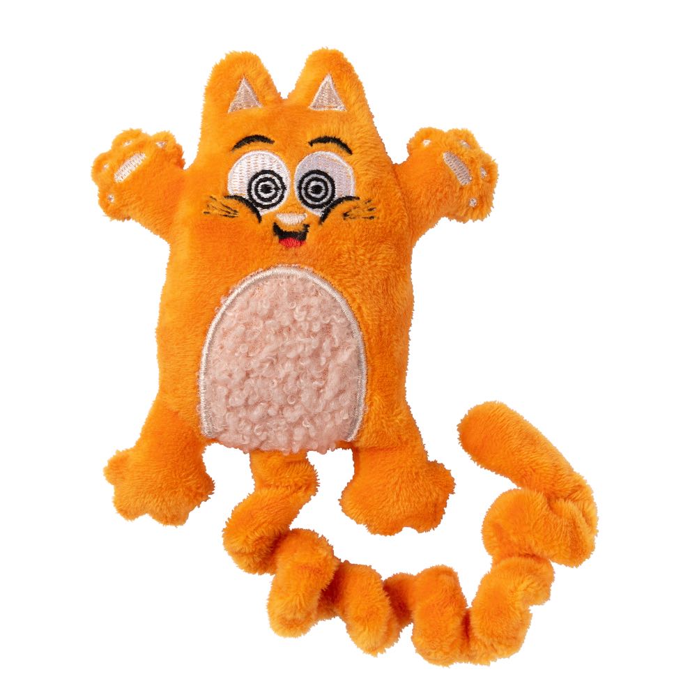 Orange plush FuzzYard Yoga Cat Chakra toy with a coiled tail, crinkling texture, and catnip.