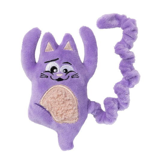 FuzzYard Yoga Cat Namaste plush cat toy, purple with a beige belly, crinkling texture, and coiled tail.