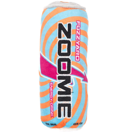 FuzzYard Zoomie Energy Drink plush dog toy, orange and blue swirl design, with "ZOOMIE" text.
