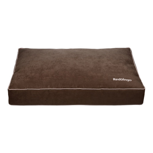 Red Dingo Premium Mattress Dog Bed in chocolate brown microfibre with white piping and logo.