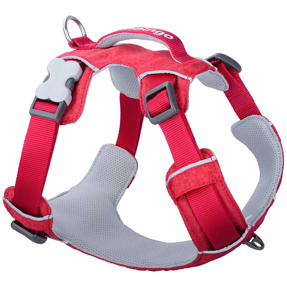 Red Dingo Sport Harness in red with breathable mesh lining, Bucklebone clip, and control handle.