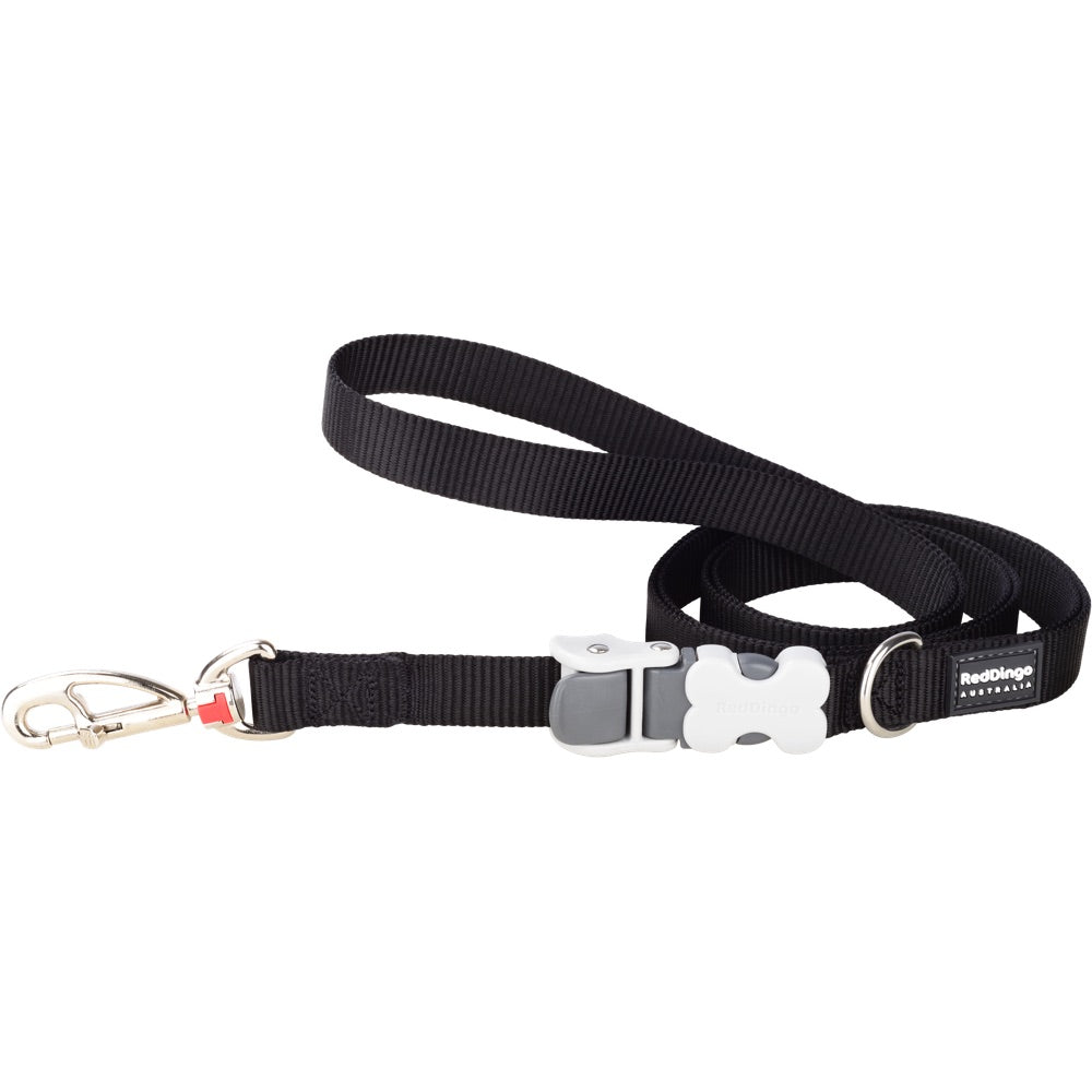 Black Red Dingo SuperLead dog leash with adjustable nylon webbing, ergonomic clip, and gray bone-shaped buckle.